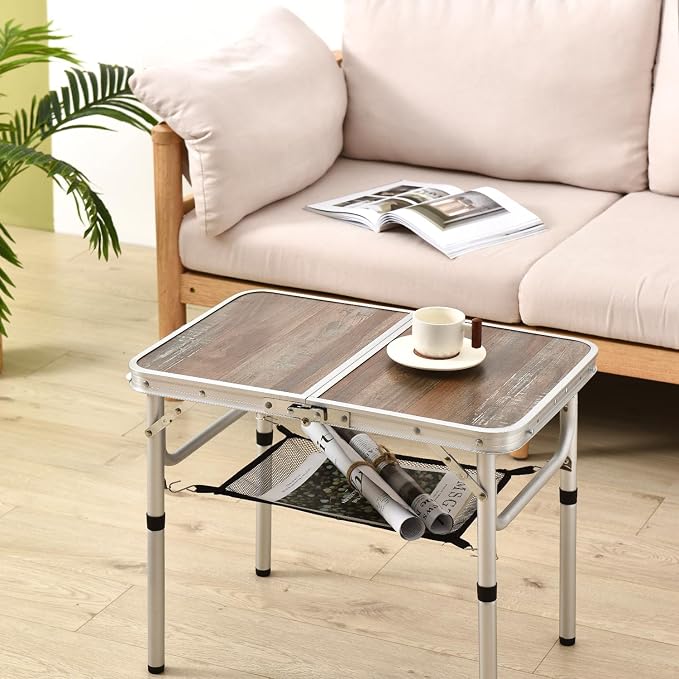 YihuiKo Small Folding Table, Portable Picnic Table with Adjustable Height | Storage Mesh Layer, Carrying Handle, Lightweight Folding Table, For Outdoor/Indoor, Aluminum Alloy Frame, 16"x 24"x 24"