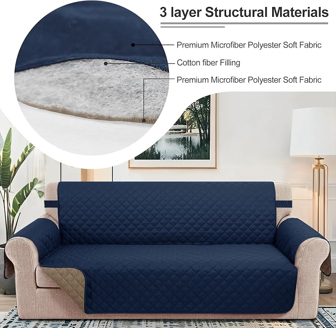 Reversible Oversized Sofa Covers, XL Sofa, Navy/Camel | Couch Cover Furniture Protector for Dogs Elastic Straps Water Repellent Furniture for 4 Cushion Couch