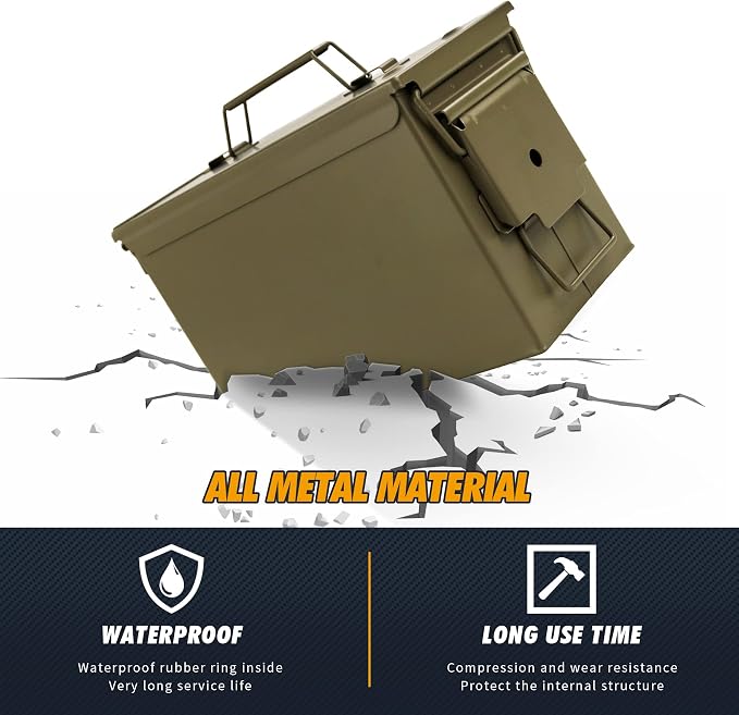 GUGULUZA Metal Ammo Can 30 50 Cal, Waterproof Airtight Ammo Containers Case | Heavy-Duty Ammunition Storage Case Military Container, Lockable Box w/Flip Top for Long-Term Storage Bullet, 30Cal and 50 Cal