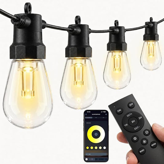 Outdoor String Lights 50FT,Warm & Cool White Patio Lights,Waterproof | 20 LED S14 Plastic Bulbs, 2700K-7000K Tunable White, APP & Remote, Dimmable, IP67 Waterproof, Shatterproof, 24V Low Voltage