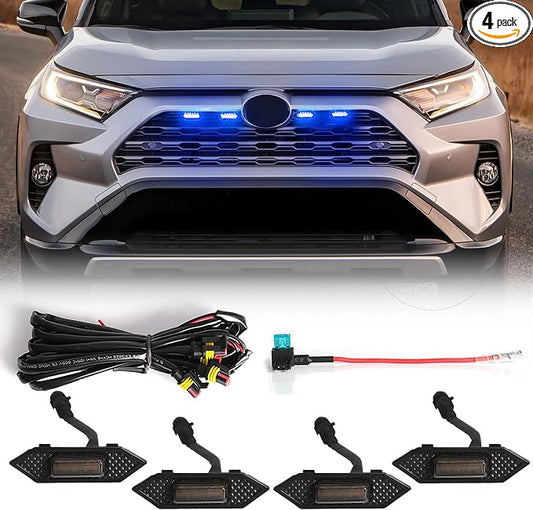 LED Grille Lights For Toyota RAV4 2019 2020 2021 2022 2023 Smoked Shell Blue Grill Light 4 Pcs, Plug and Play