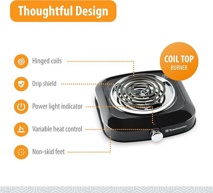 Toastmaster Single Burner with Coil Top & Chrome Knob - Single Tabletop Burner with Drip Shield & Non-Skid Feet - Electric Countertop Burner with Variable Heat Control