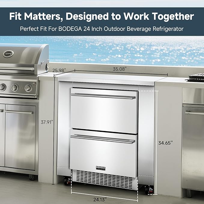 BODEGA 24 inch Stainless-Steel Outdoor Kitchen Cabinet for Beverage Cooler, Under Counter Beverage Refrigerator Cabinet Module is Designed to 24-inch Indoor/Outdoor Under-Counter Refrigerator.