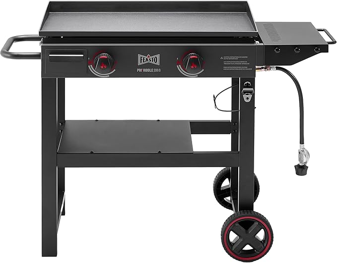 FEASTO 28" 2-Burner Propane Gas Griddle, 30,000 BTU, 458 Sq. In., Black | Outdoor Heavy-Duty Flat Top Grill with Front Grease Cup, Side Table & Wheels for Camping, Tailgating & Backyard