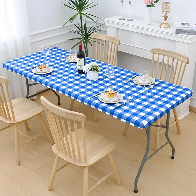 Smiry Picnic Table Cloth 2 Pack, Waterproof Elastic Fitted Tablecloths for 24x48 Rectangle Tables, Washable Polyester Buffalo Plaid Tablecloth for Camping, Dining & Outdoor (Blue & White, 24" x 48")