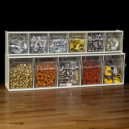 Akro-Mils TiltView Plastic Storage Cabinet with 5 Tilt Out Bins, Horizontal Plastic Parts Organizer, Teacher Toolbox, and Office Supply Organizer, 23-5/8" W x 6-1/2" H x 5-5/8" D, Stone