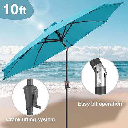 FLAME&SHADE Patio Umbrella Outdoor with Push Button Tilt, 10 ft Aqua Blue | UV Protection, Waterproof, 8 Sturdy Ribs, Porch Deck Umbrella for Pool, Table, Garden, Backyard, Provides Shade