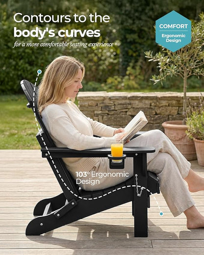 Ciokea Folding Adirondack Chair 4 Pack, Patio Adirondack Chair Weather Resistant, Plastic Fire Pit Chair with Cup Holder, Lawn Chair for Outdoor Porch Garden Backyard Deck (Black)