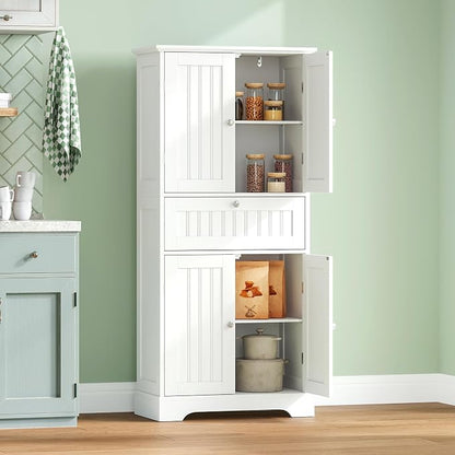 ChooChoo 51" H Bathroom Floor Cabinet with Drawers and Adjustable Shelves | Bathroom Storage Cabinet, Freestanding Kitchen Pantry Cupboard with 4 Doors for Living Room, White