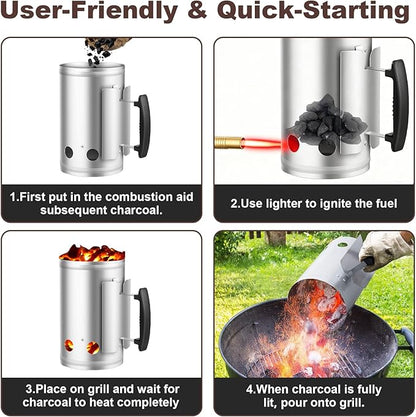 BEAU JARDIN Charcoal Chimney Starter Large Capacity BBQ Grill Lighter Barbecue Fire Starter Grilling for Charcoal Grill Briquette Coal Fire Starter Chimney for Grills Outdoor Cooking Can Accessories