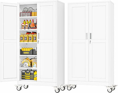 PAOFIN Metal Garage Storage Cabinet with Wheels,Steel Lockable File Cabinets with 2 Doors and 5 Adjustable Shelves,74" H Locking Tool Cabinets for Home Office, Warehouse, Required Assembly,White
