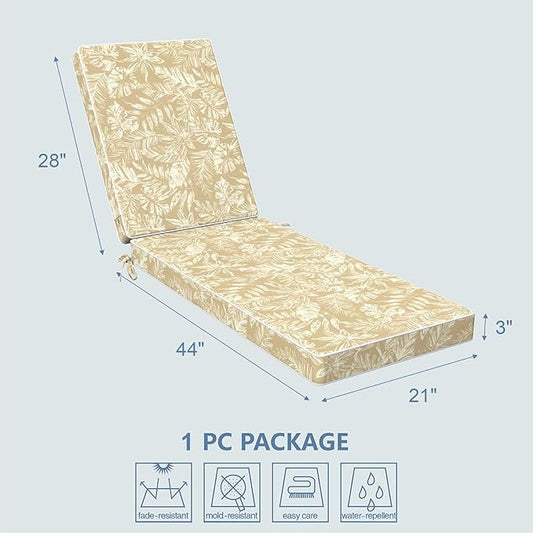 LVTXIII Outdoor Chaise Lounge Cushion 72x21x3 Inch, Water-Repellent Patio Seat Cushion with Ties & Hidden Zipper, Thick Foam Pad for Lawn Chair, Poolside, Patio Furniture, Tropical Leaf Oat