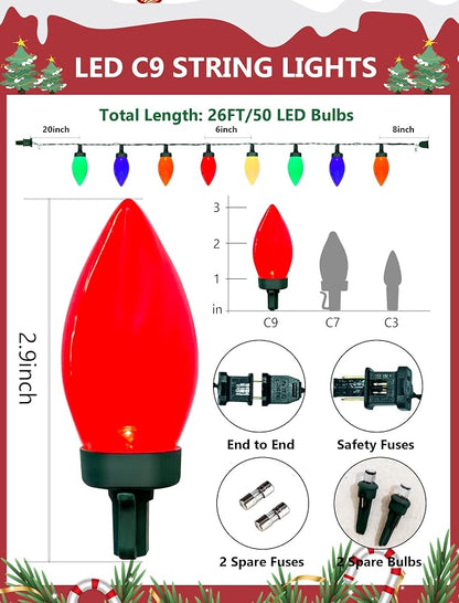 C9 Christmas String Lights Outdoor, 26FT 50 LED Vintage Multicolor Fairy Lights, Plug in UL Listed Waterproof Connectable Christmas Tree Lights for Home, Roofline, Garden, Patio Decor, Green Wire