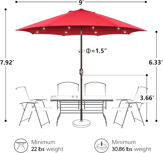 9ft Patio Umbrella with Solar Lights, Outdoor Umbrella with 24 LED Solar Umbrella Lights, Push Button Tilt & Crank Ideal for Garden, Deck, Backyard & Pool, Red