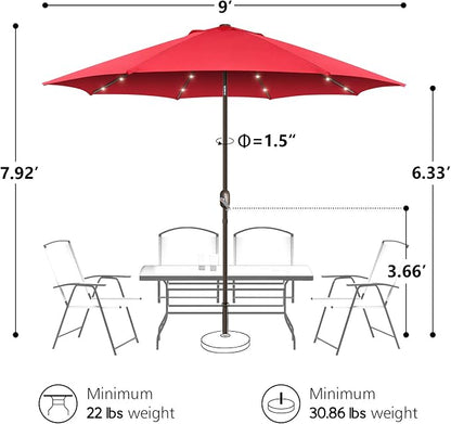 9ft Patio Umbrella with Solar Lights, Outdoor Umbrella with 24 LED Solar Umbrella Lights, Push Button Tilt & Crank Ideal for Garden, Deck, Backyard & Pool, Red