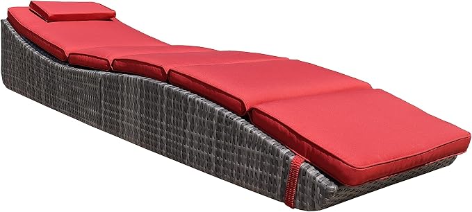 BTEXPERT Set of 2,Foldable Outdoor Chaise Pool Lounge Chair Folding Wicker Rattan Sun Bed Patio Couch Reclining Lounger Adjustable Padded Backrest Pillow Assembled - Red Burgundy