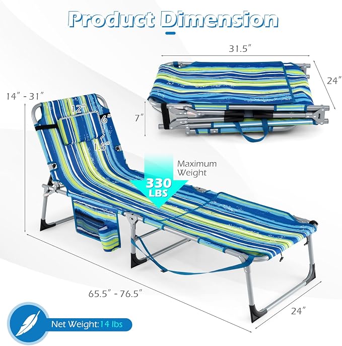 GYMAX Tanning Chair, 330LBS Beach Lounge w/Face Arm Hole & Hand Shoulder Strap, Folding Layout Sunbathing Chair, Face Down Outdoor Chaise Lounger for Patio, Poolside, Backyard (1, Blue Stripe)