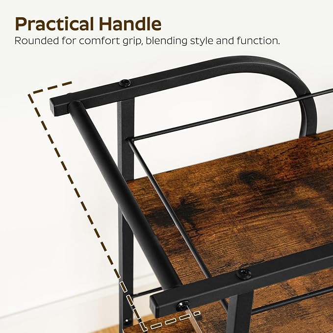 3-Tier Bar Cart, Home Bar Serving Cart with Fence and Wheels, for Dining Room, Living Room, Garden, Party, Rustic Brown and Black BC06BR