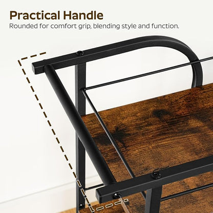 3-Tier Bar Cart, Home Bar Serving Cart with Fence and Wheels, for Dining Room, Living Room, Garden, Party, Rustic Brown and Black BC06BR