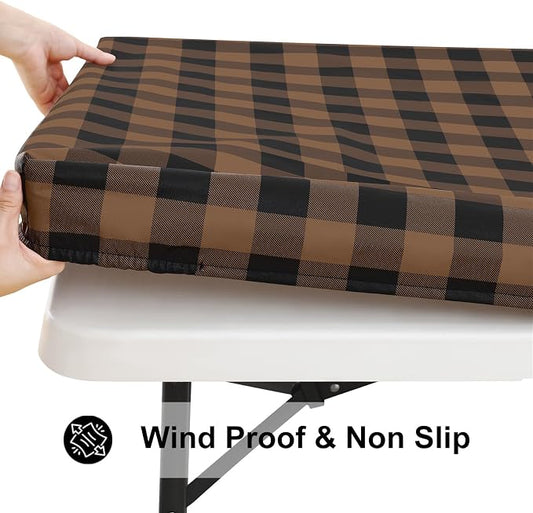 Smiry Rectangle Picnic Table Cloth, Elastic Waterproof Fitted Vinyl Tablecloths, Flannel Backed Buffalo Plaid Table Covers for Dining, Camping, Outdoor (Black and Brown, 30" x 72")