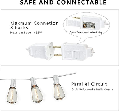 White Outdoor String Lights 200FT Lighting Waterproof for Patio Wedding | 2-Pack x 100FT Linkable White Cord Outdoor Lights,104 Plastic Dimmable LED Edison Bulbs for Party Porch Bistro Garden Gazebo
