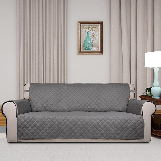 PureFit Reversible Quilted Sofa Cover Dog Couch Covers for Sofa, 66 in | Gray/Ivory, Water Resistant Couch Protector, Washable Pet Couch Cover with Non Slip and Elastic Straps For Kids