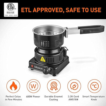 Electric Stove Coconut Charcoal Starter - ETL Approved Hot Plate Durable Faster Coal Burner 120V~600W with Detachable Handle Stainless Steel Grill & Rack Smart Heat Control Long Cable for BBQ Kitchen