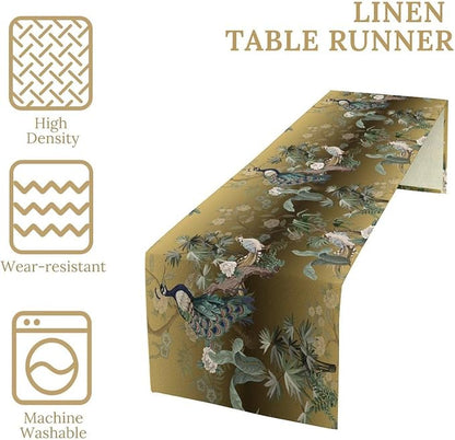 Peacock Table Runner Asian Chinese Traditional Birds Herons Peonies Flowers Dinner Runner Table Decoration for Home Kitchen Dining Table Party Decoration 13x60in