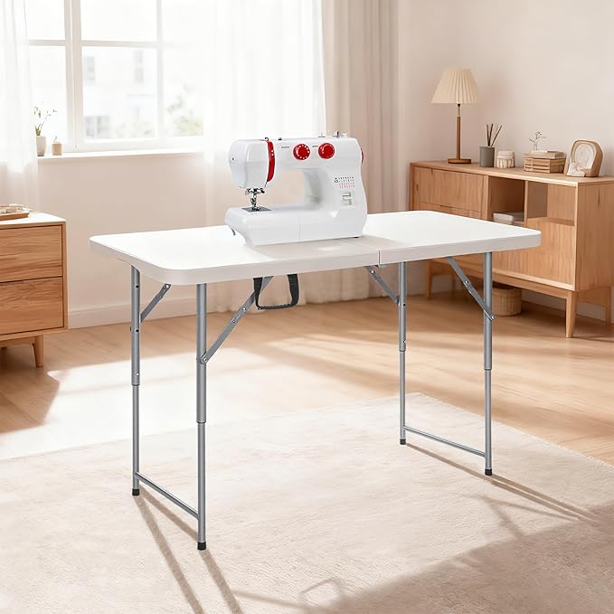 FoldingTable 4 Foot Portable Heavy Duty Plastic Table and Adjustable Height Folding with Carrying Handle,Indoor Outdoor with Kids Table, Picnic,Party,Camping White