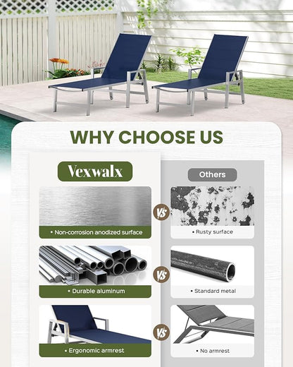 Vexwalx Patio Chaise Lounge Chair Outdoor with Wheels&Armrests, Aluminum Pool Lounge Chairs 5-Position Adjustable Recliner, Outdoor Beach Lounge Chairs for Poolside, Patio, Deck, Yard, Navy Blue