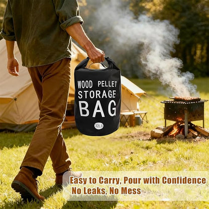 32LB Waterproof Wood Pellet Storage Bag - 500D PVC Charcoal Storage Container with Dual Handles, Label Pocket & Buckle Seal for Grill Smoker BBQ Outdoor Use (2, 32LB-Black)