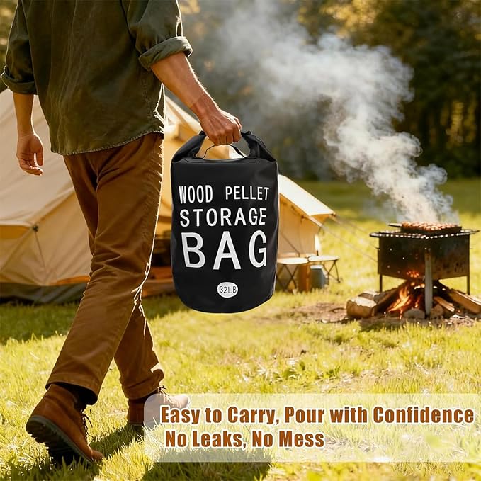 32LB Waterproof Wood Pellet Storage Bag - 500D PVC Charcoal Storage Container with Dual Handles, Label Pocket & Buckle Seal for Grill Smoker BBQ Outdoor Use (1, 32LB-Black)