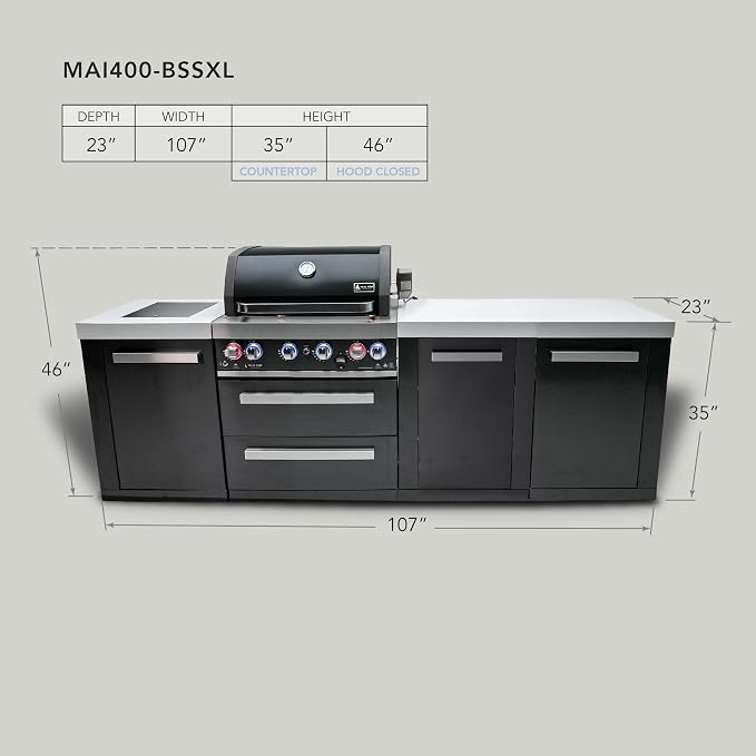 Mont Alpi Premium 107"W x 23"D x 46"H Black Stainless Steel Outdoor Kitchen Island with Infrared Side Burner + 32"W 4-Burner BBQ Grill + Granite Countertops + Storage Cabinets + Rotisserie + Cover