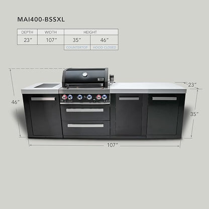 Mont Alpi Premium 107"W x 23"D x 46"H Black Stainless Steel Outdoor Kitchen Island with Infrared Side Burner + 32"W 4-Burner BBQ Grill + Granite Countertops + Storage Cabinets + Rotisserie + Cover