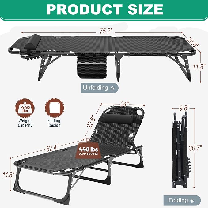 LILYPELLE Folding Chaise Lounge Chair with Pad, Patio Sun Tanning Chair | 5-Position Outdoor Chaise Lounger,Portable Beach Lounge Chair for Outdoor Sunbathing Patio Pool Lawn Deck Poolside
