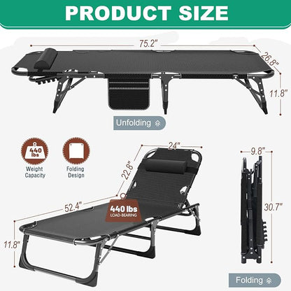 LILYPELLE Folding Chaise Lounge Chair with Pad, Patio Sun Tanning Chair | 5-Position Outdoor Chaise Lounger,Portable Beach Lounge Chair for Outdoor Sunbathing Patio Pool Lawn Deck Poolside
