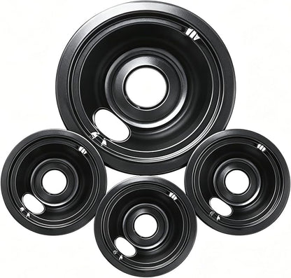 GE Black Stove Drip Pans, 10% Energy Save by Enamel Spraying Prevent Bending and Rust - Include 3Pcs 6'' Burner Drip Pans and 1Pcs 8'' Drip Bowl