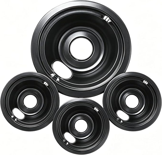 GE Black Stove Drip Pans, 10% Energy Save by Enamel Spraying Prevent Bending and Rust - Include 3Pcs 6'' Burner Drip Pans and 1Pcs 8'' Drip Bowl