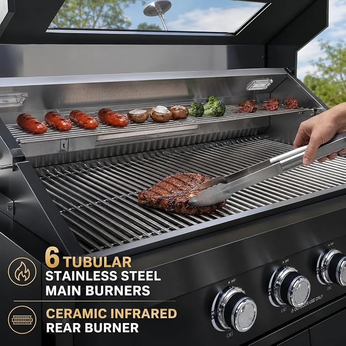 85-Inch Stainless Steel Outdoor Kitchen Grill Island, 6-Burner 72,000 BTU Propane Gas BBQ Grill with Wine Cooler Refrigerator, Rotisserie Kit, Granite Countertops, Sink, Glide Wheels, Black