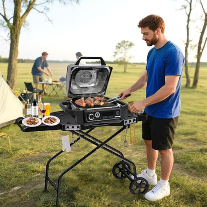 Hisencn Foldable Grill Cart for Ninja Woodfire Outdoor Grill OG700 Series OG701 OG751 OG705 OG750 & Blackstone 22" | Portable BBQ Stand with Wheels, Side Table & Storage Basket