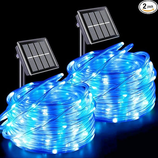 QITONG Blue and White Solar Rope Lights Outdoor, 2 Pack Each 33ft 100 LED String Light, Fairy Lights in Clear Thin Tube with 8 Modes