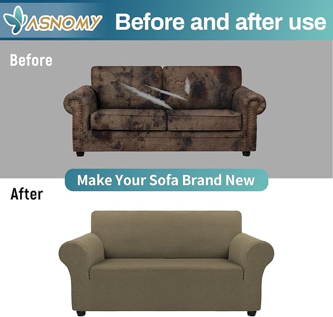Asnomy Stretch Couch Covers Washable,loveseat Covers Slipcovers,Khaki | 1-Piece Sofa Cover(55"-78") loveseat cover Furniture Protector Soft Jacquard,Non-Slip Elastic Bottom for Dogs & Kids