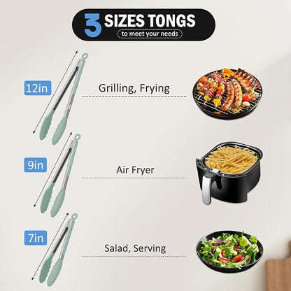 Kitchen Tongs, Stainless Steel Cooking Tongs with Silicone Tips, 600ºF High Heat-Resistant Non Scratch Locking Tongs for Cooking BBQ Grilling Air Fryer Pans, Set of 3 (7" 9" and 12") Sage Green