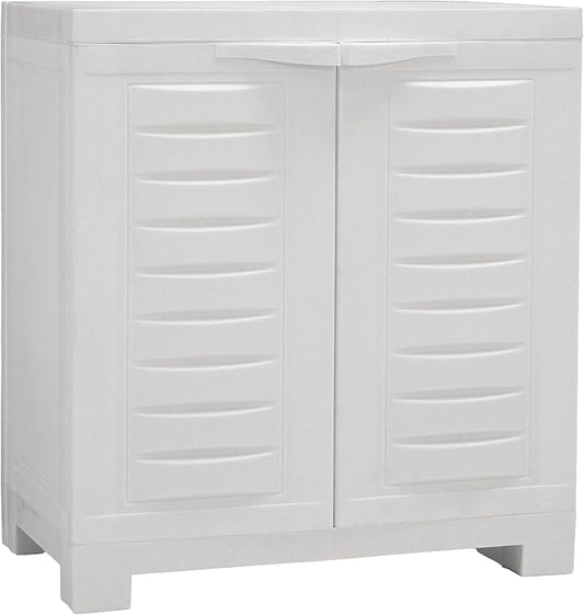 Sunnydaze 25.5" H Resin Garage Storage Cabinet - Garage Cabinet with Doors - Freestanding Utility Storage for Laundry Room, Office, Basement - Speckled White