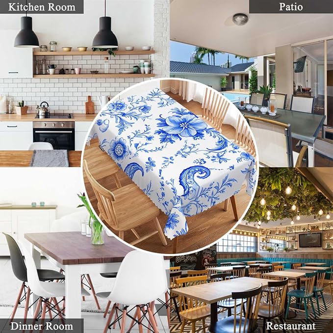 Swono Paisley Floral Blue Tablecloth Ethnic Batik Mandala Blue Decorative Table Cover Dining Tablecltoh for Kitchen, Party Banquet and Holiday Tablecloth, 52x70 Inch(4-6 Seats)