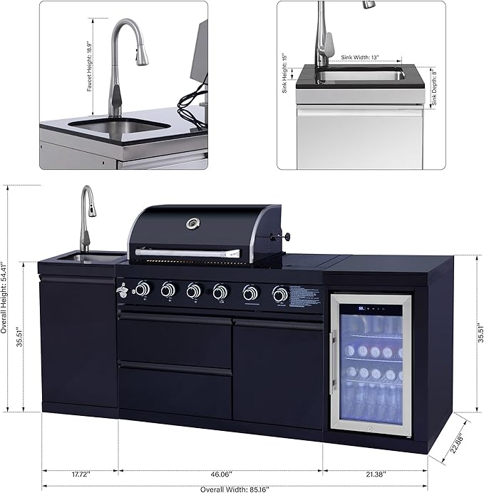Outdoor Kitchen Island with Side Burn,4+1 Burner Modular Kitchen with Grill Station Cabinetry,304 Stainless Sink, Fridge, BBQ Set for Patios & Backyards (Black, 86 IN-Side Burn)