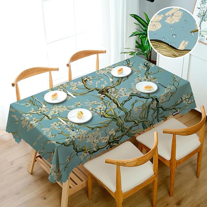 Swono Almond Blossom Tablecloth Retro Cherry Flowers Branch Decorative Table Cover for Kitchen, Dinning, Coffee, Party, Banquet and Holiday Tablecloth, 52x70 Inch(4-6 Seats)
