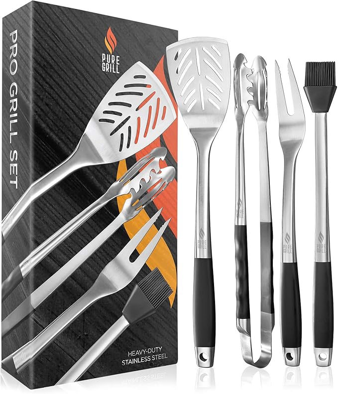 Pure Grill 4-Piece Stainless Steel BBQ Tool Utensil Set - Professional Grade Barbecue Accessories