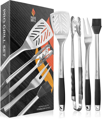 Pure Grill 4-Piece Stainless Steel BBQ Tool Utensil Set - Professional Grade Barbecue Accessories