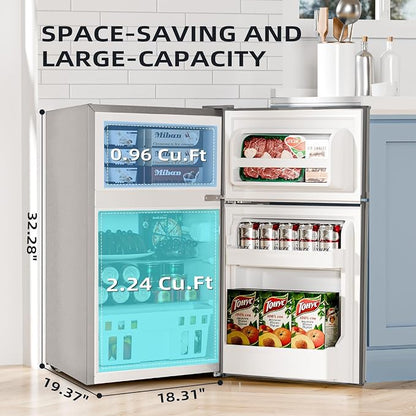 Kismile 3.2 Cu.Ft Mini Fridge with Freezer, 2 Door Dorm Refrigerator Grey | Adjustable Thermostat, Removable Shelves, Food & Beverage Storage, Dorm Mini Fridge for Bedroom/ Office/ College/ Apartment